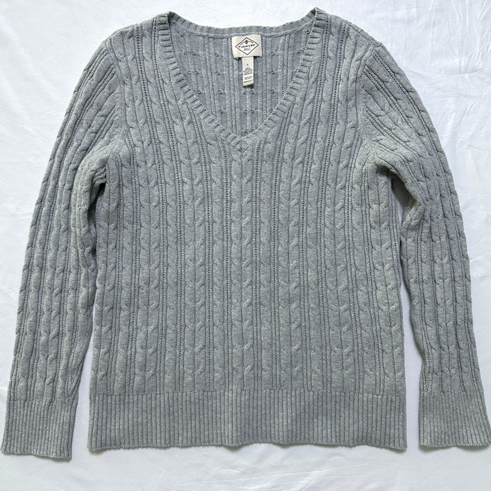 Womens Cable Knit V-Neck Sweater‎ Pullover L Gray Preppy Minimalist Academia